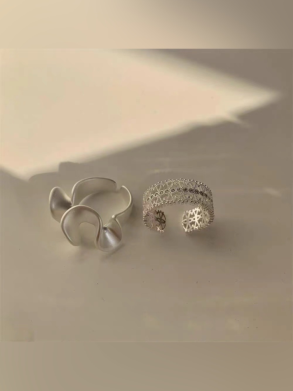 Korean Vintage Geometric Hollow Open Silver Ring Set of 2